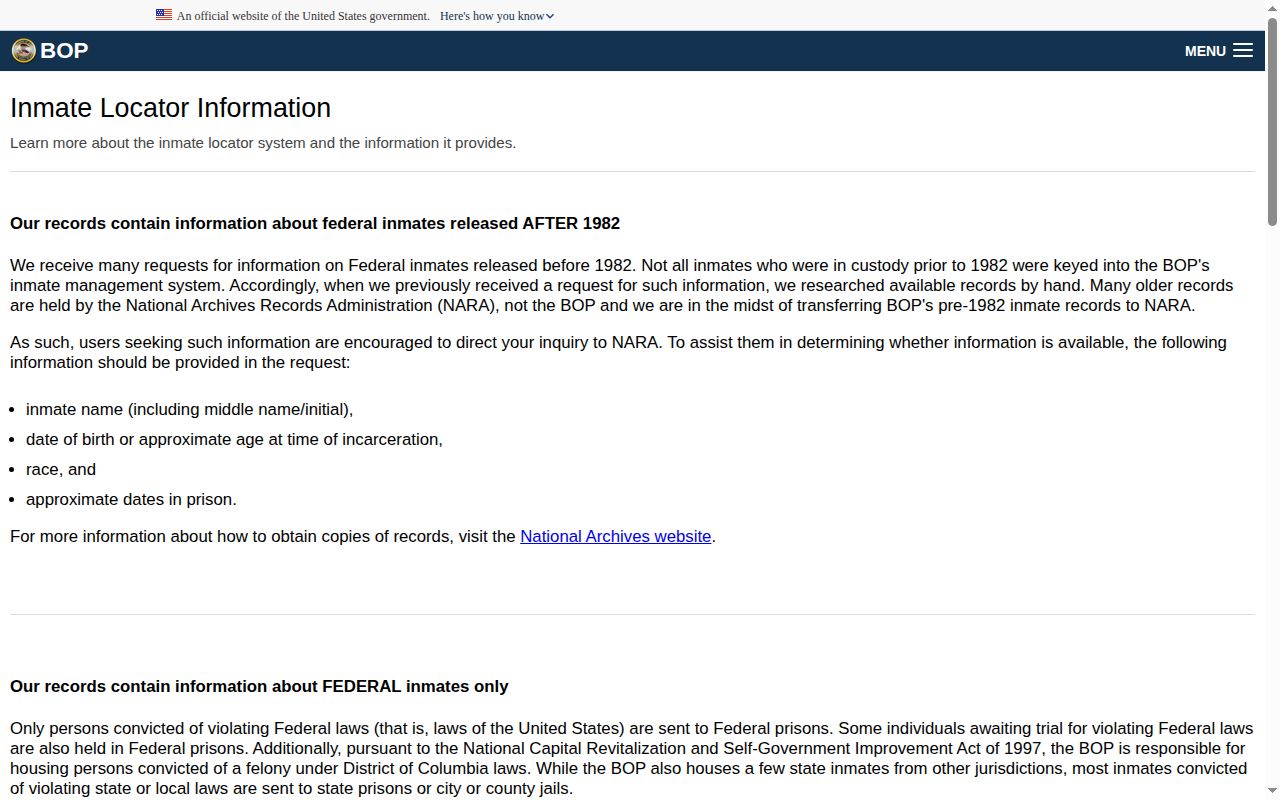 BOP inmate locator record coverage for Pitt County federal release research