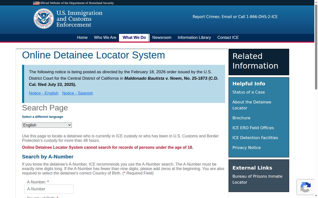 ICE Online Detainee Locator for a Pitt County immigration custody transfer