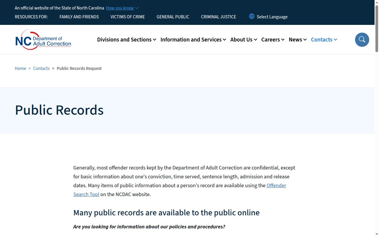 NCDAC public record rules for North Carolina state prison release records